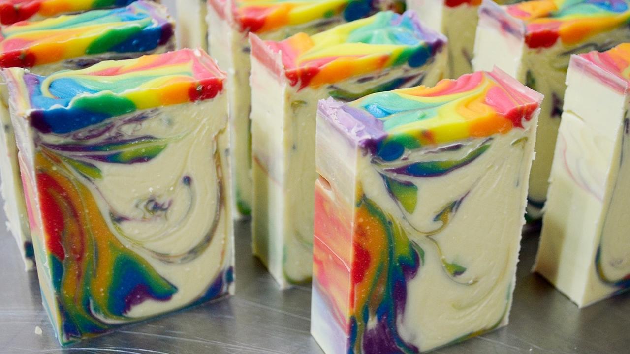 rows of rainbow clyde slide soap