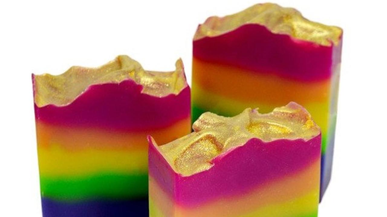 three bars of rainbow ombre soap