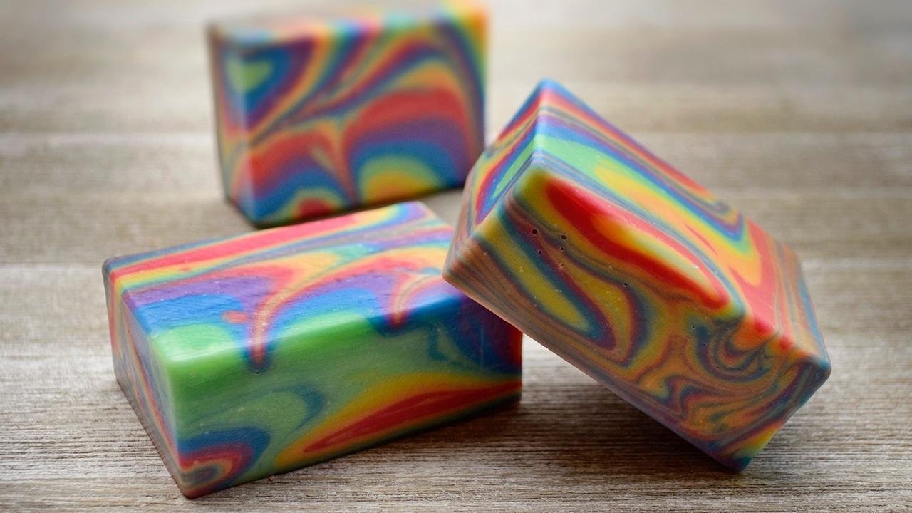 three bars of rainbow spin swirl soap
