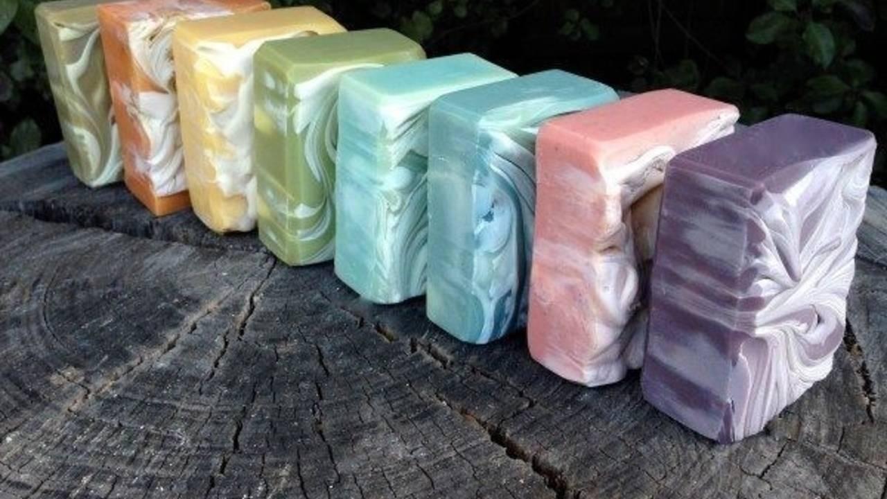 a row of naturally colored soap