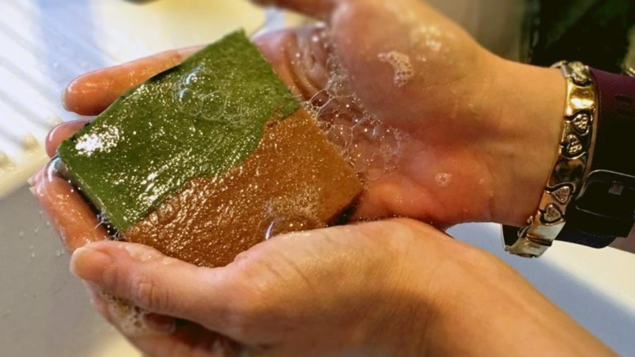 two hands lathering a bar of basil tomato soap