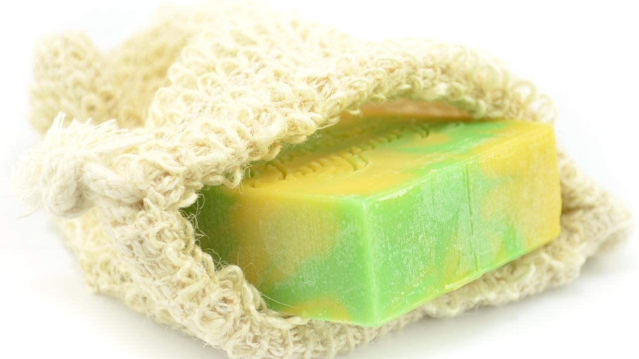 bar of soap in a natural fiber soap saver