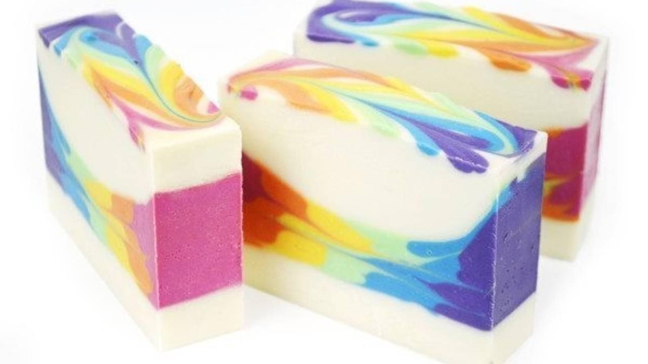 three bars of rainbow mantra swirl soap